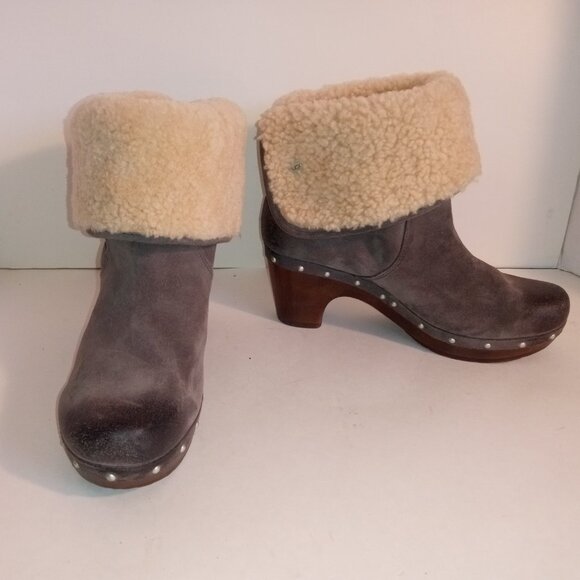 UGG Lynnea Wm 7US/38EU Gray Suede Shearling Ankle Boots Wooden Clog Soles - Picture 2 of 12